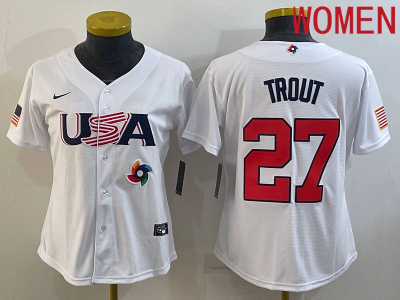 Women 2023 World Cub USA #27 Trout White Nike MLB Jersey8->women mlb jersey->Women Jersey